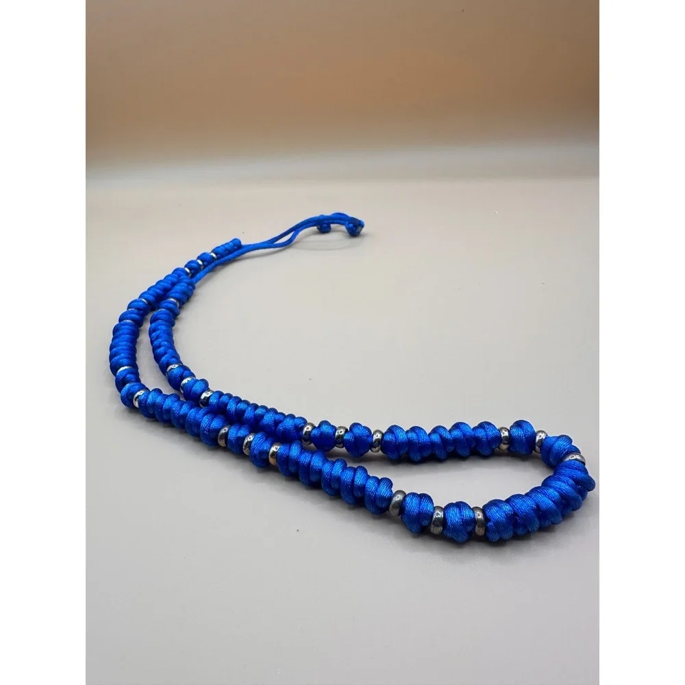 Blue Knotted Cord Necklace Silver Tone Spacer Beads Boho Festival Statement Gift